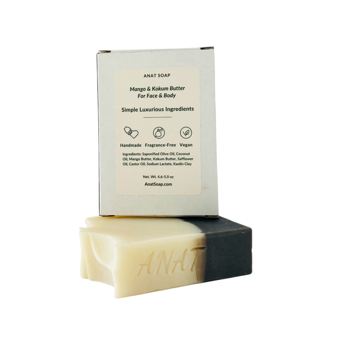 Anat Soap Black & Ivory handmade plant-based soap bar with mango and kokum butter for face and body, shown with back of box displaying ingredients, fragrance-free and vegan.