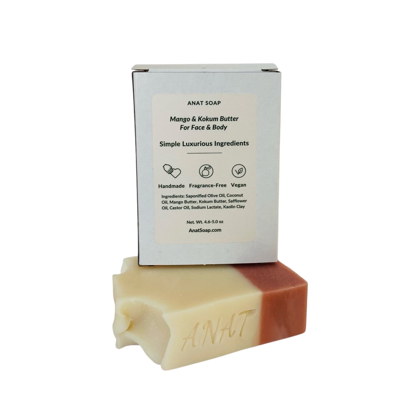 Anat Soap Pink & Ivory handmade plant-based soap bar with mango and kokum butter for face and body, shown with back of box displaying ingredients, fragrance-free and vegan.