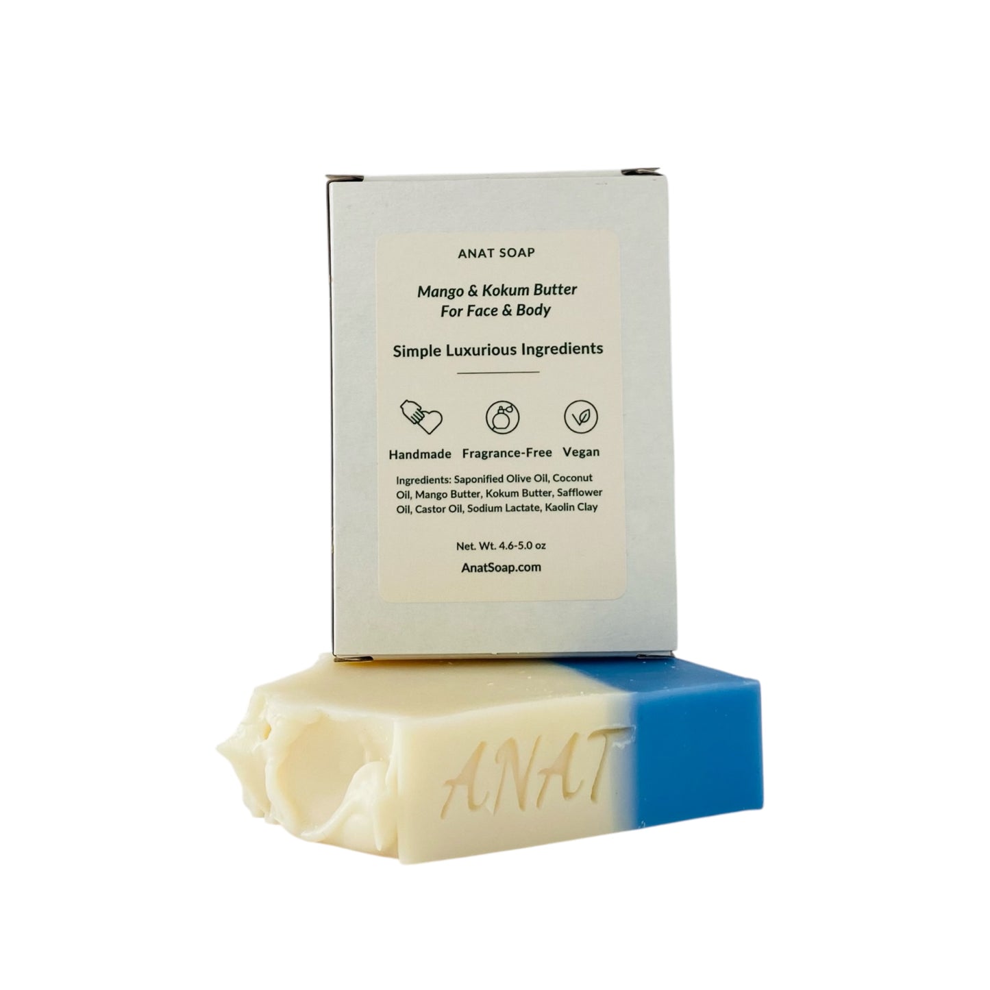Anat Soap Blue & Ivory handmade plant-based soap bar with mango and kokum butter for face and body, shown with back of box displaying ingredients, fragrance-free and vegan.