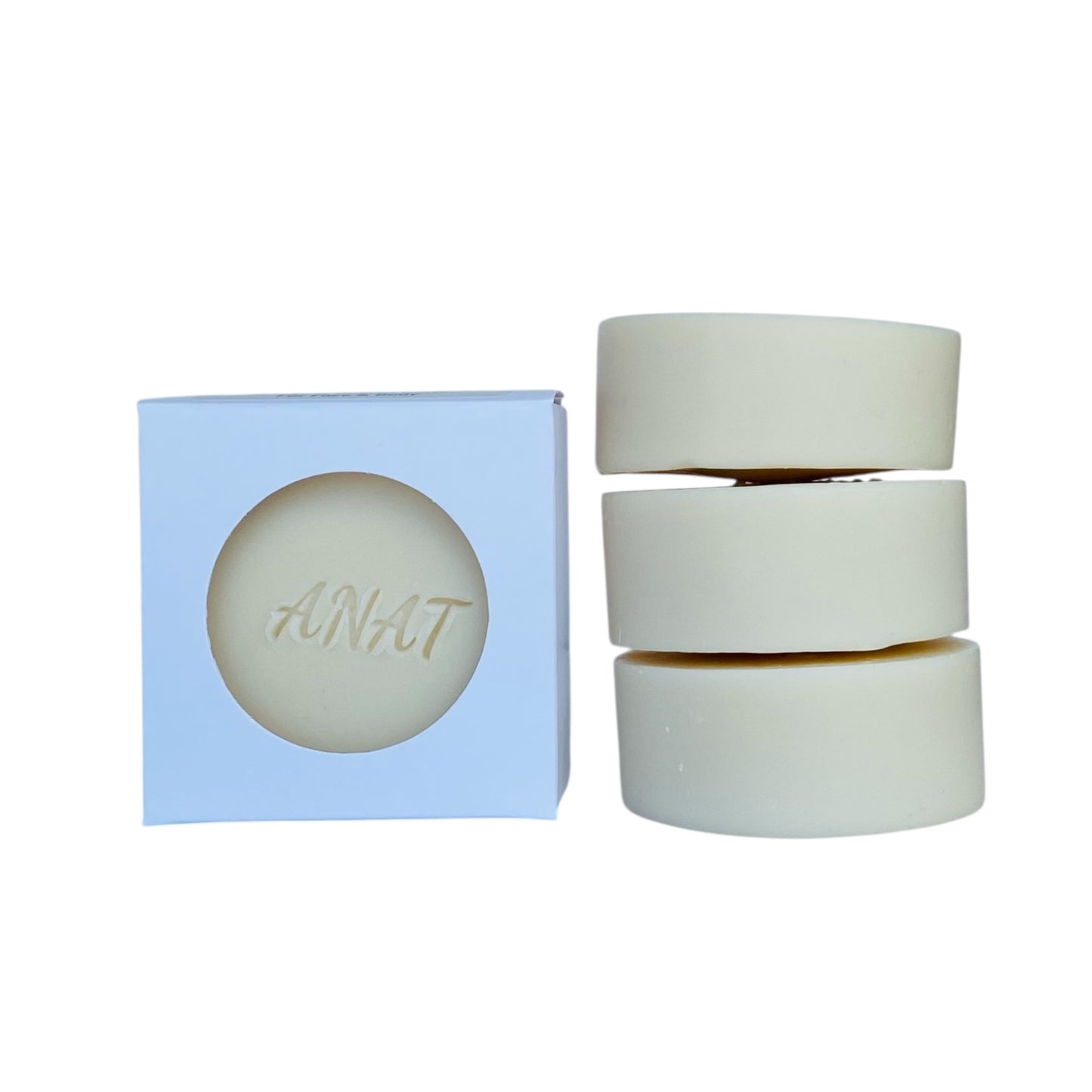 Anat Soap White Clay round handmade plant-based soap bar with mango and kokum butters for face and body.