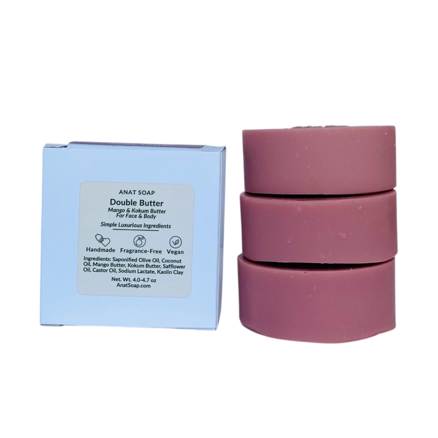 Anat Soap Rose Clay round handmade plant-based soap bars with mango and kokum butters for face and body, shown with the back of the box displaying ingredients, fragrance-free and vegan.