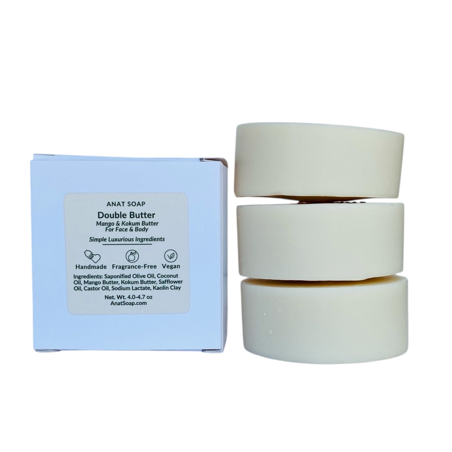 Anat Soap White Clay round handmade plant-based soap bars with mango and kokum butters for face and body, shown with the back of the box displaying ingredients, fragrance-free and vegan.