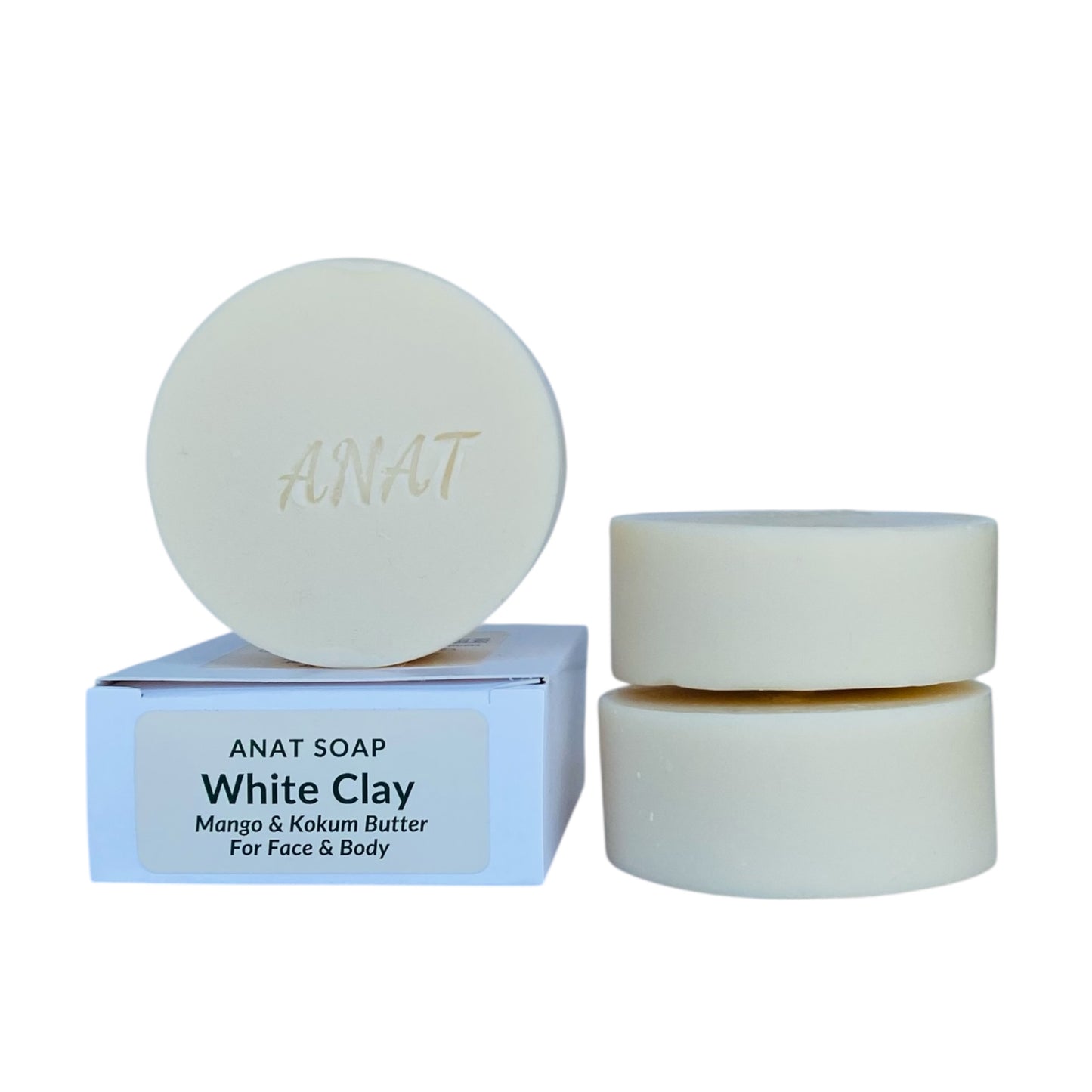Anat Soap White Clay round handmade plant-based soap bar with mango and kokum butters for face and body.
