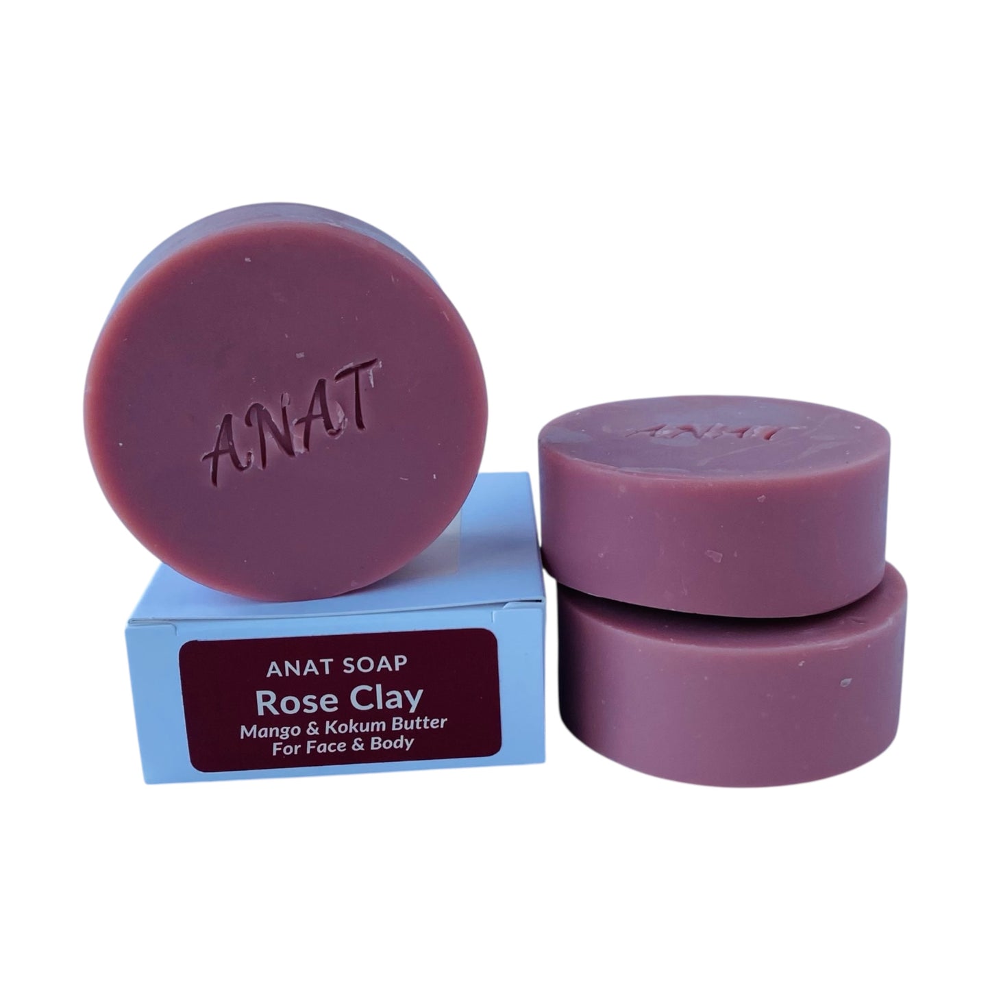 Anat Soap Rose Clay round handmade plant-based soap bar with mango and kokum butters for face and body.
