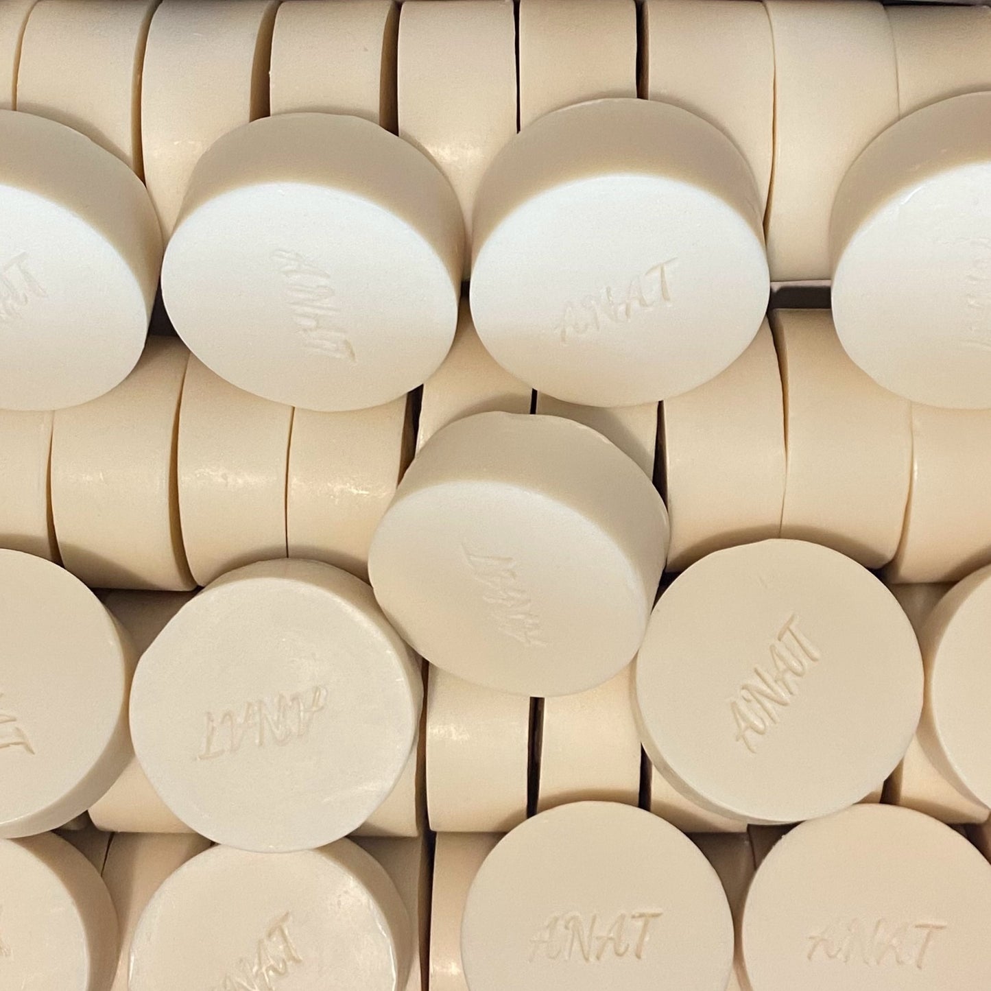 Anat Soap White Clay round handmade plant-based soap bars with mango and kokum butters for face and body.