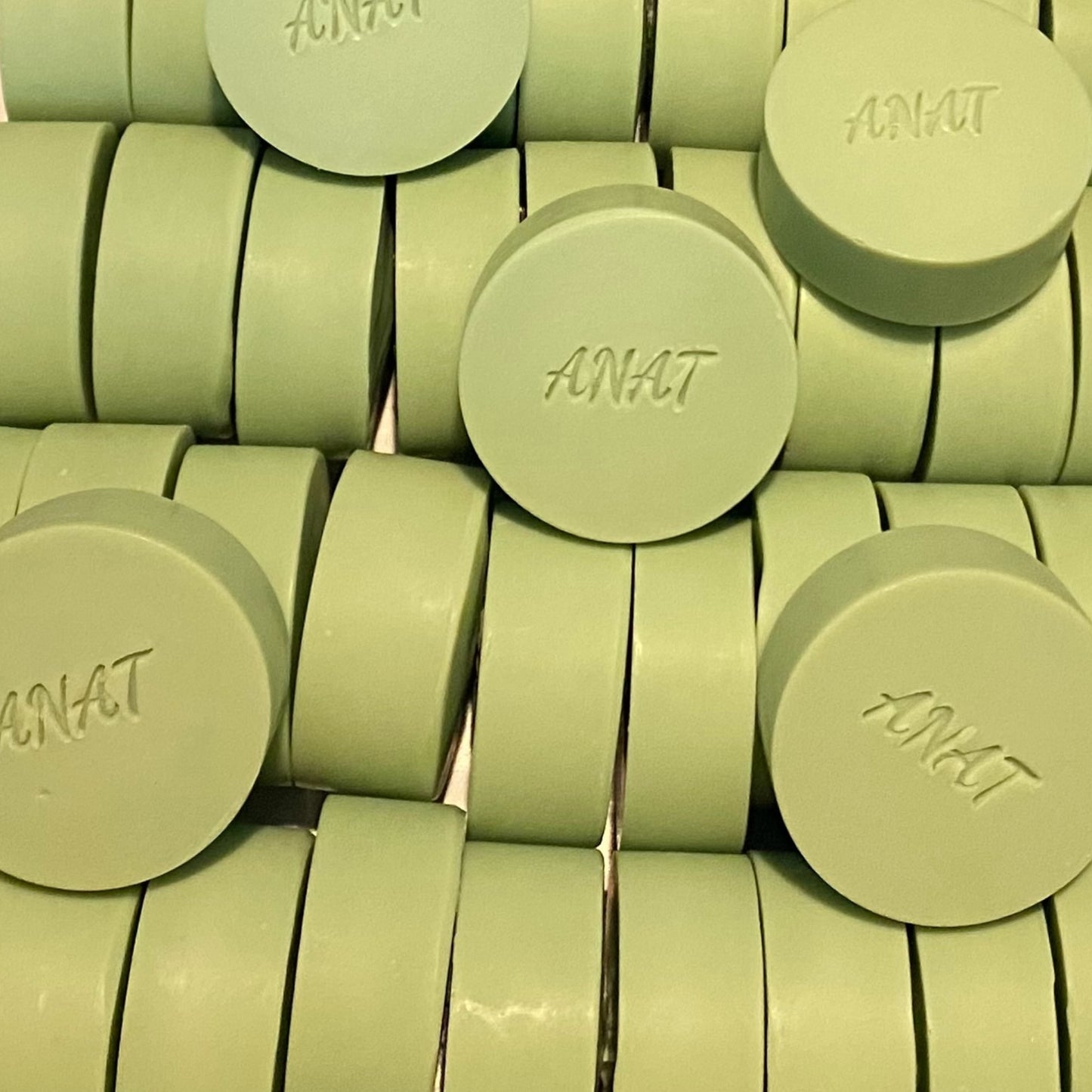Anat Soap Green Clay round handmade plant-based soap bars with mango and kokum butters for face and body.