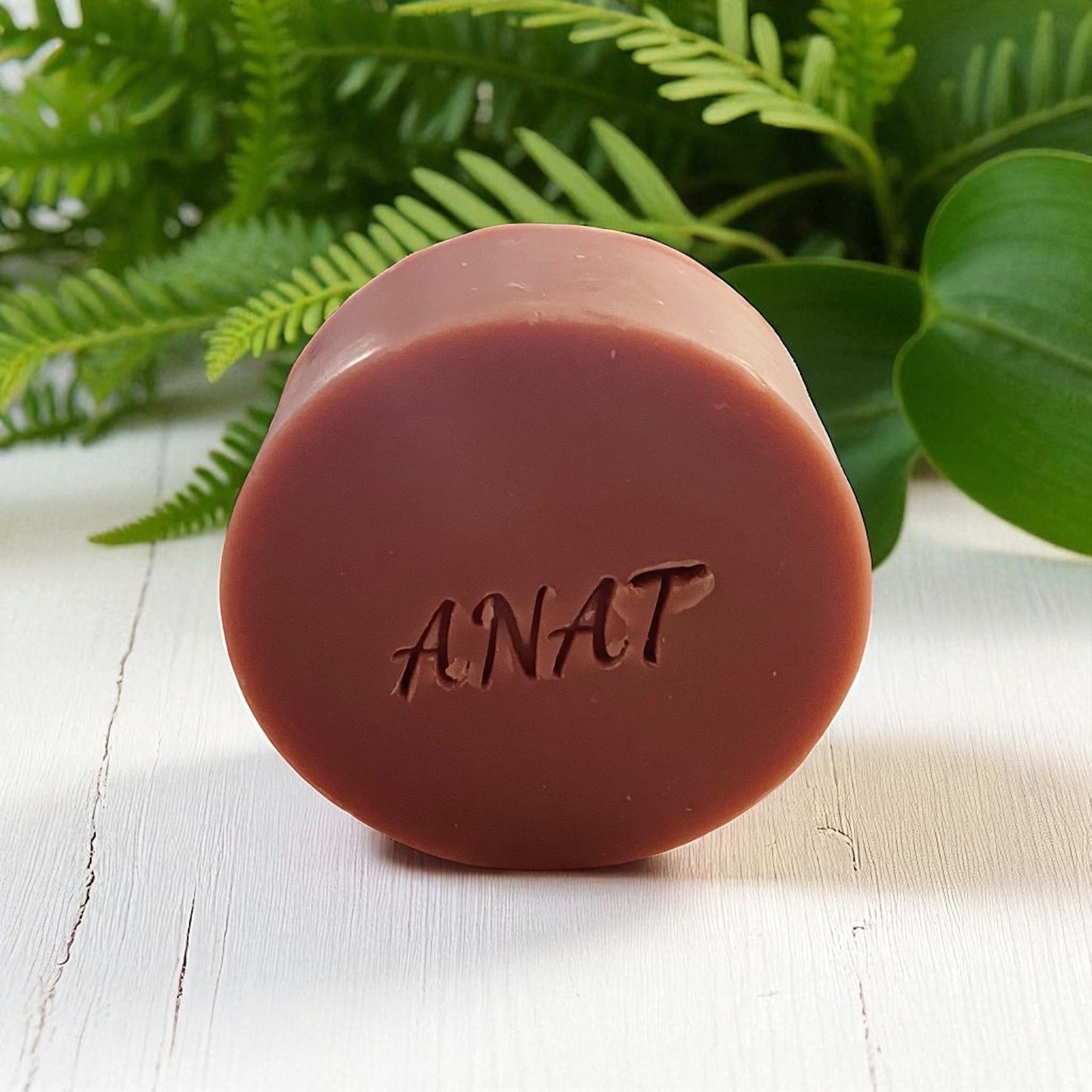 Anat Soap Rose Clay round handmade plant-based soap bar with mango and kokum butters for face and body.