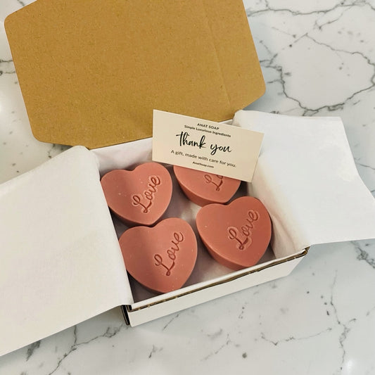 Gift box with rose mini heart soaps and thank you card, handmade soap set