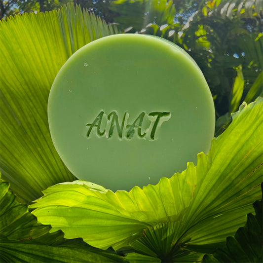 Round handmade plant-based soap bar with mango butter and green clay colorant, embossed with the brand name ANAT.