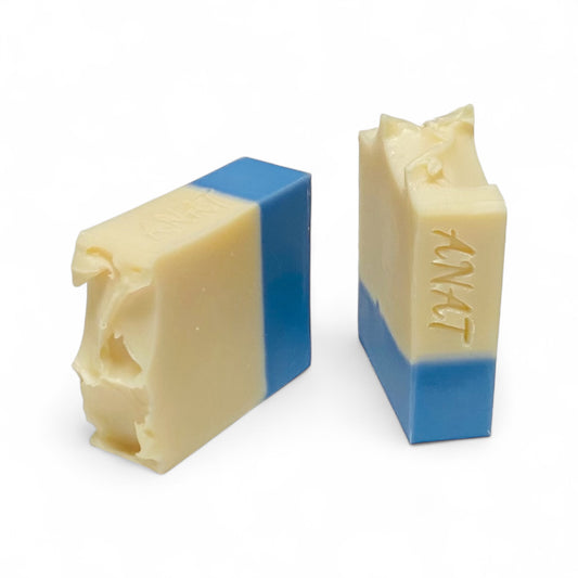 Anat Soap Blue & Ivory handmade plant-based soap bars with mango and kokum butter for face and body.