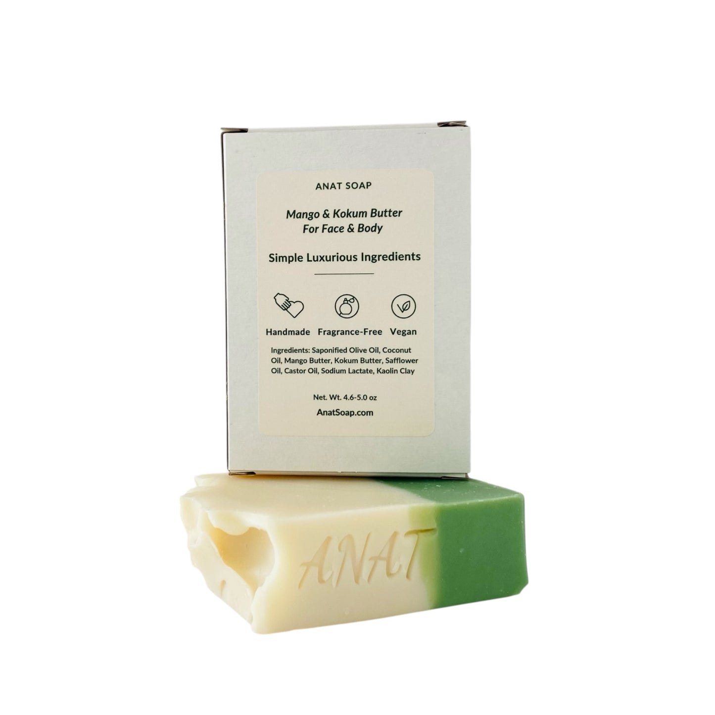 Anat Soap Green & Ivory handmade plant-based soap bar with mango and kokum butter for face and body, shown with back of box displaying ingredients, fragrance-free and vegan.