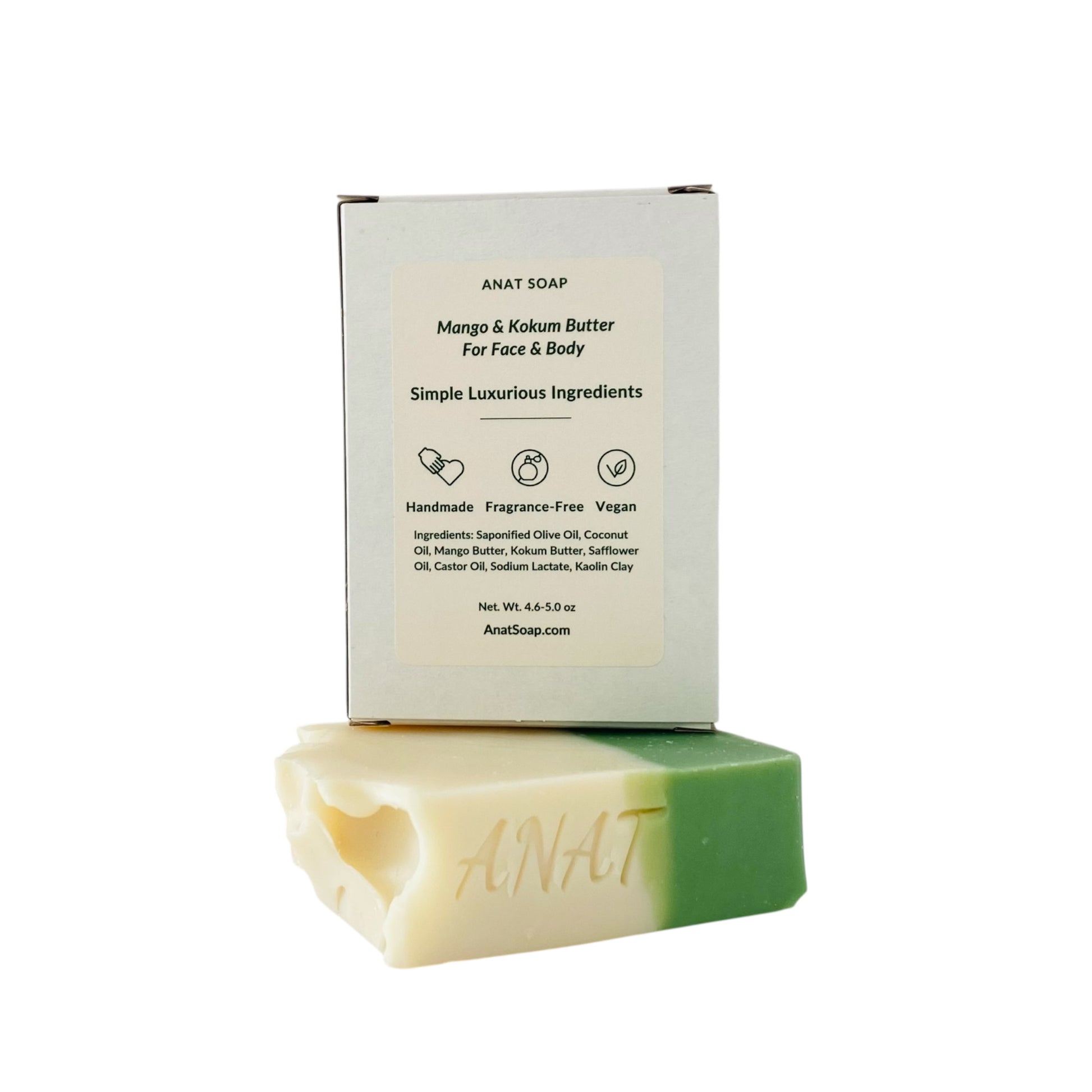 Anat Soap Green & Ivory handmade plant-based soap bar with mango and kokum butter for face and body, shown with back of box displaying ingredients, fragrance-free and vegan.
