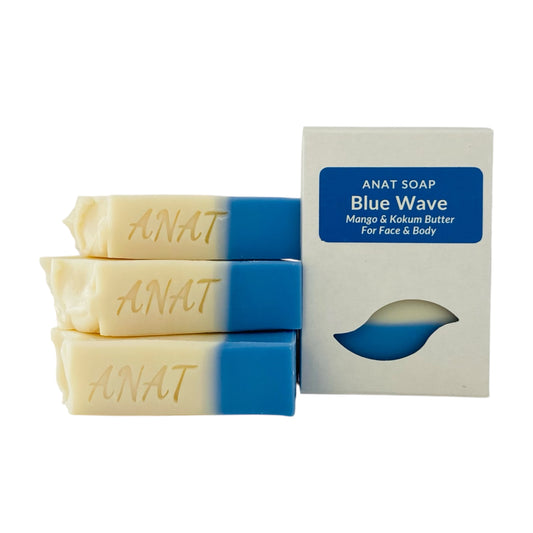 Anat Soap Blue & Ivory Wave handmade plant-based soap bars with mango and kokum butter for face and body.