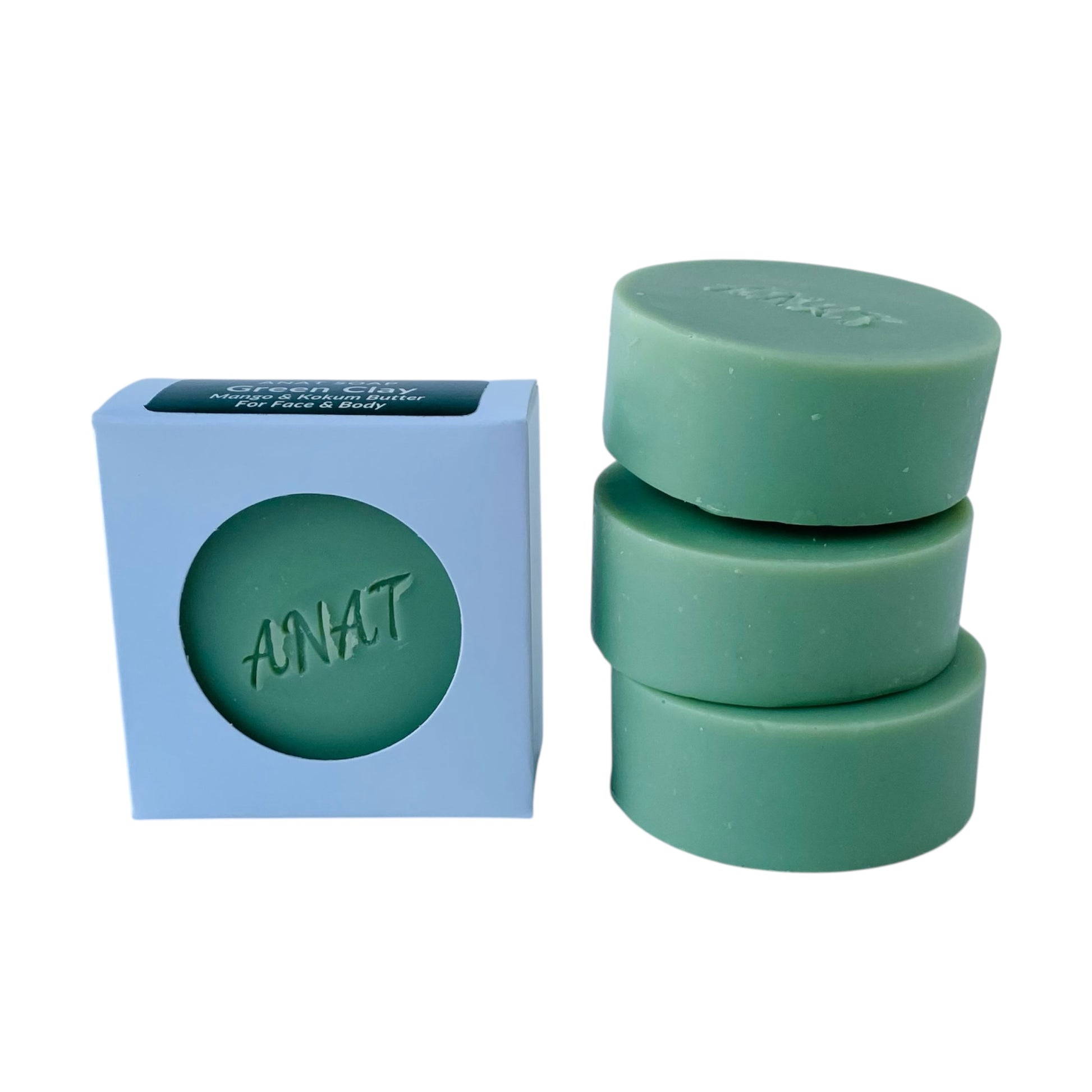 Anat Soap Green Clay round handmade plant-based soap bar with mango and kokum butters for face and body.