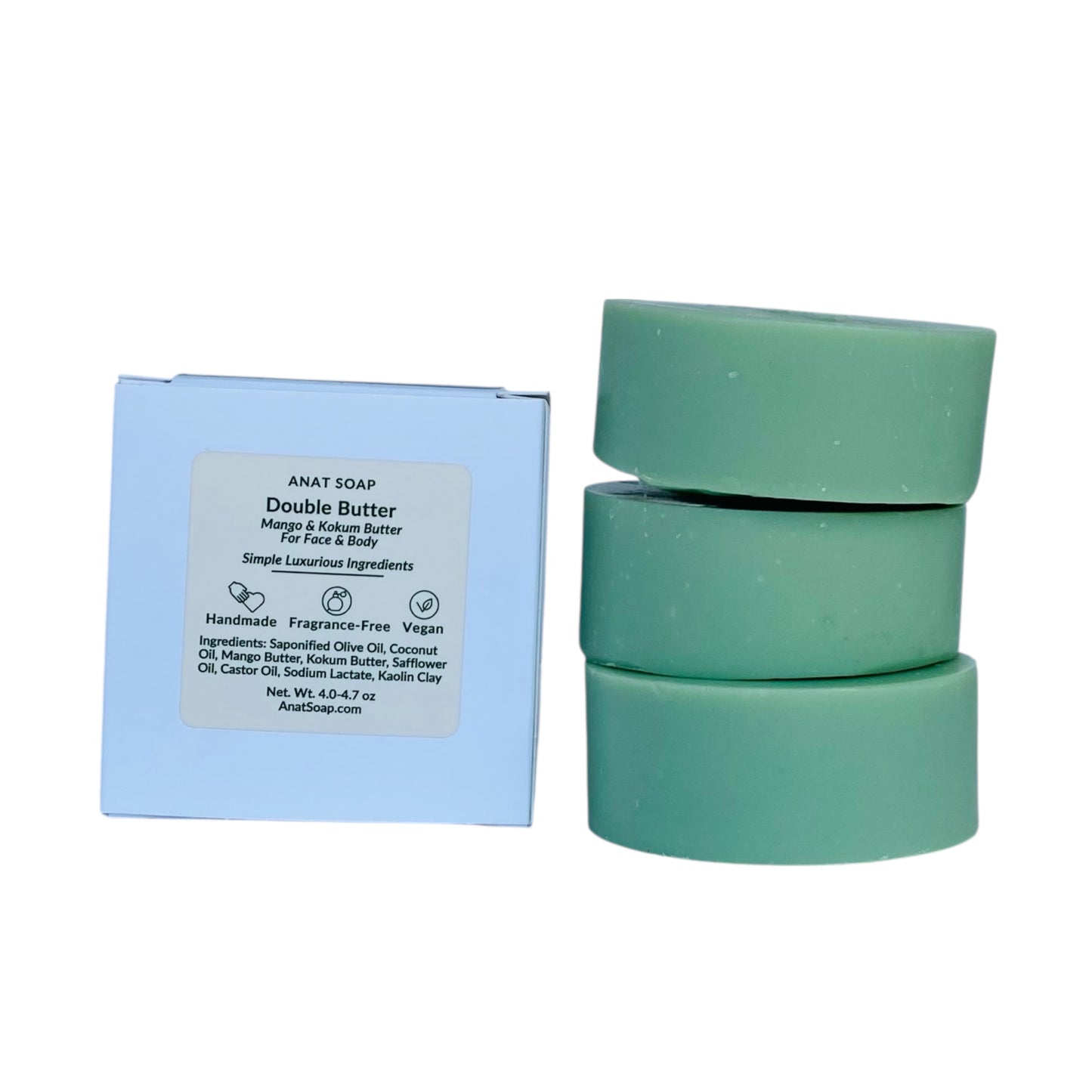 Anat Soap Green Clay round handmade plant-based soap bars with mango and kokum butters for face and body, shown with the back of the box displaying ingredients, fragrance-free and vegan.