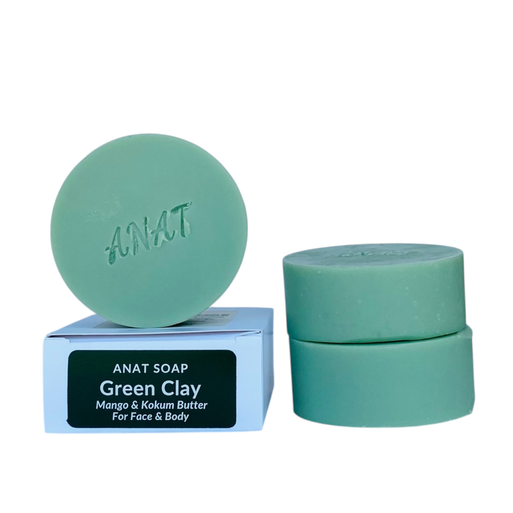 Anat Soap Green Clay round handmade plant-based soap bar with mango and kokum butters for face and body.