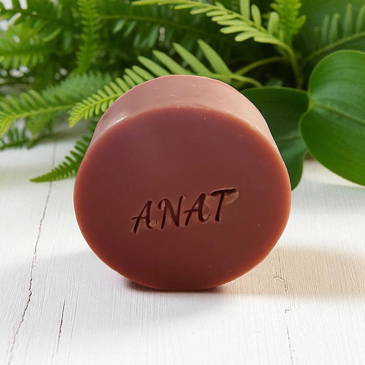 Anat Soap Rose Clay round handmade plant-based soap bar with mango and kokum butters for face and body.