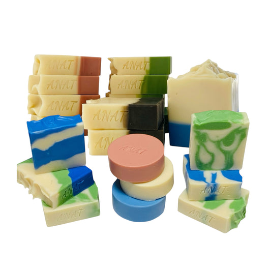 Anat Soap variety of handmade plant-based soap bars with mango and kokum butter for face and body, fragrance-free and vegan.
