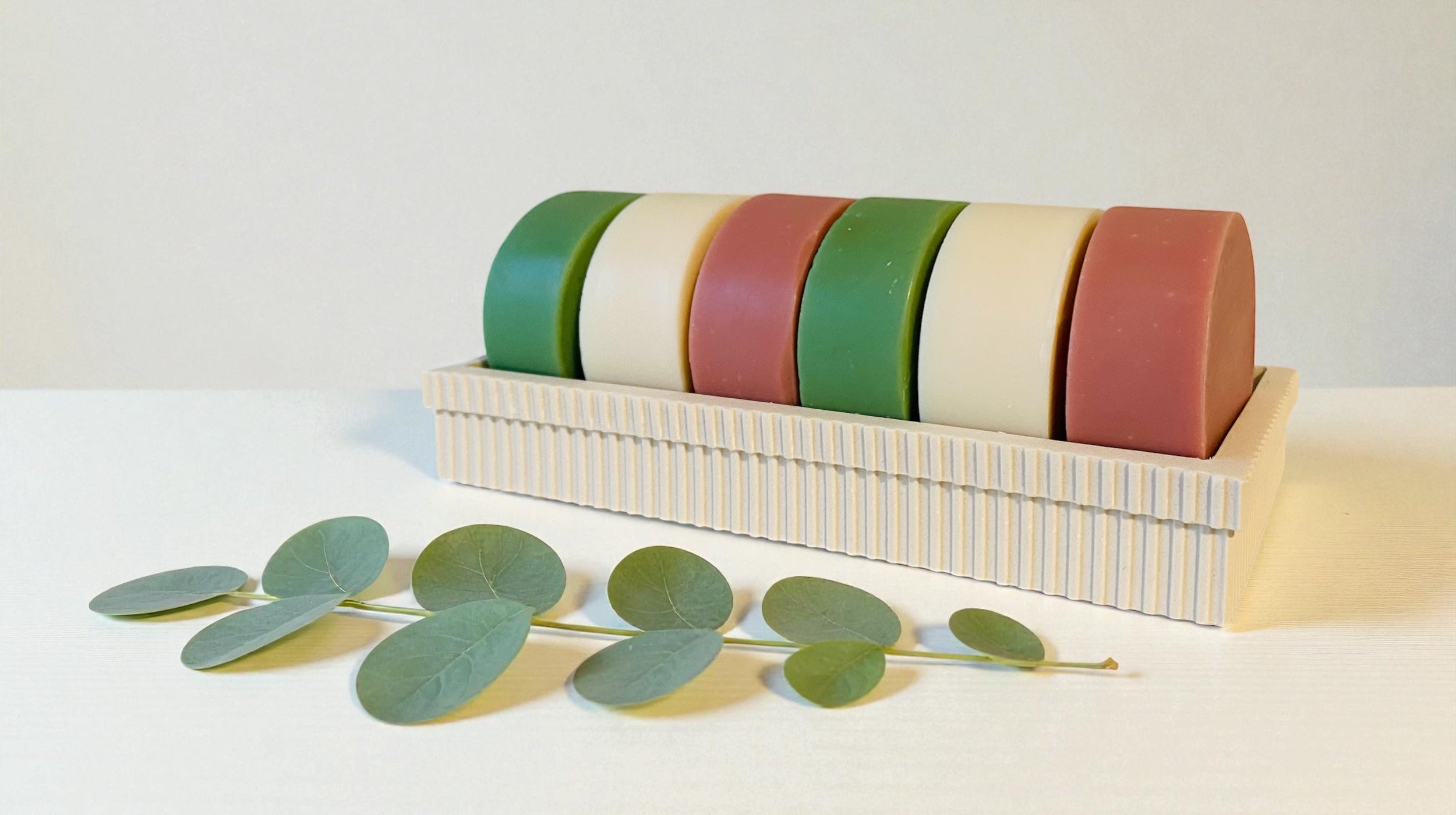 Anat Soap White, Rose and Green Clay Round Bars. Handmade, fragrance-free, plant-based soap, with mango and kokum butter for face and body.