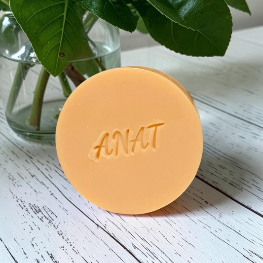 Anat Soap Blush Clay round handmade plant-based soap bar with mango and kokum butters for face and body.