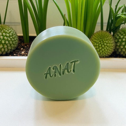 Anat Soap Green Clay round handmade plant-based soap bar with mango and kokum butters for face and body.