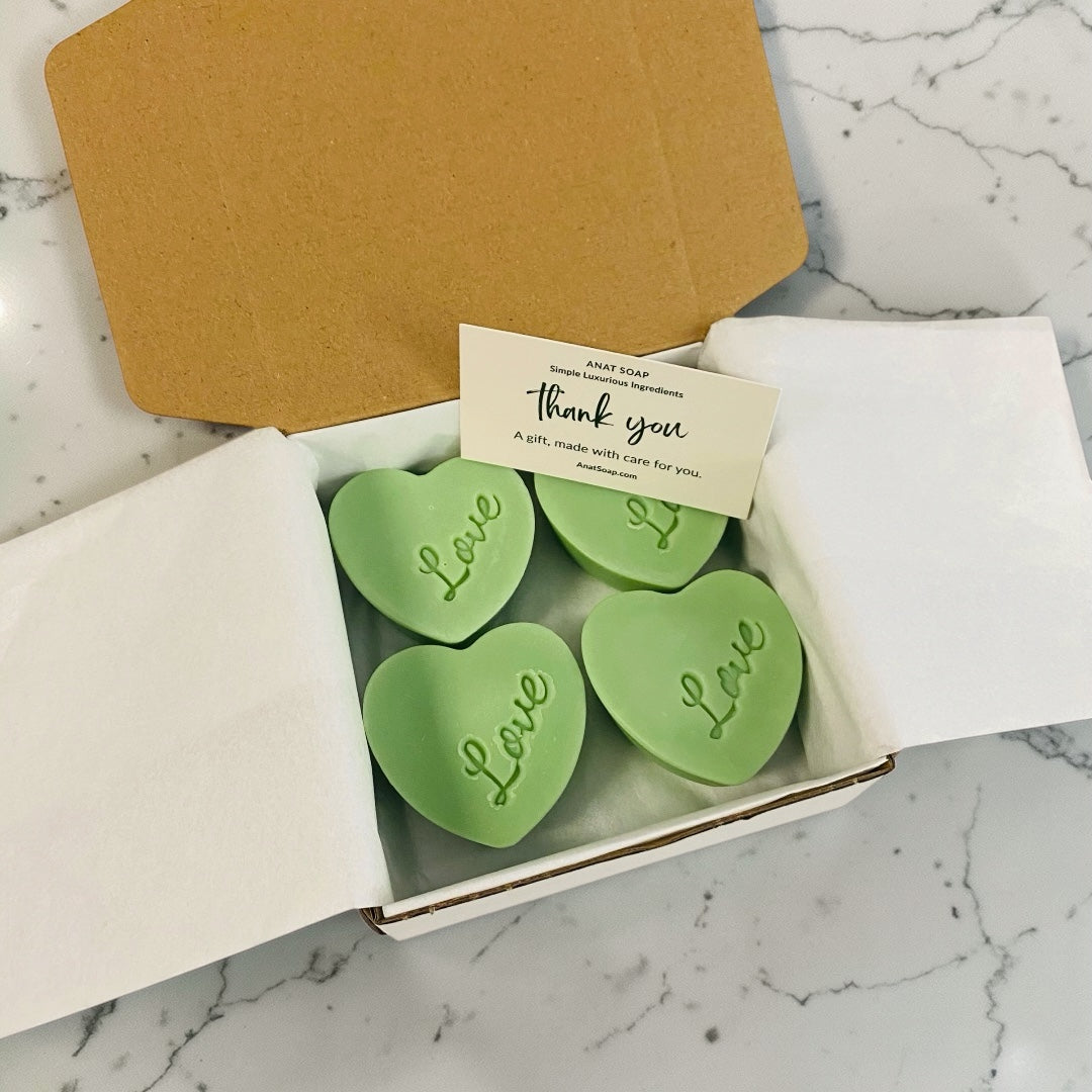 Gift box with green mini heart soaps and thank you card, handmade soap set