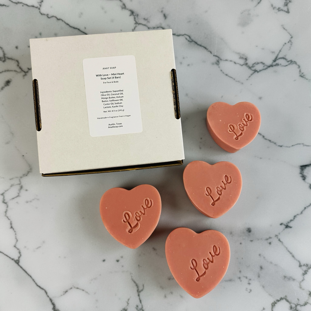 Rose mini heart soap bars next to box, fragrance-free handmade soap set